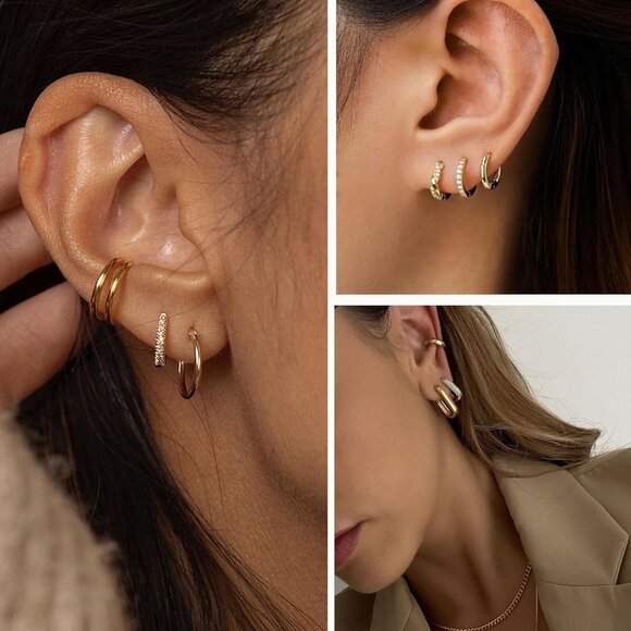 9 Pairs Small Gold/Silver Hoop Huggie Earrings Set for Women, 14K Gold Plated Ch - Picture 5 of 6